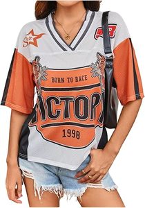Jersey <b>Shirts</b> for Women Number Graphic Print Mesh Color Block V Neck Short Sleeve Football - Product Image 4