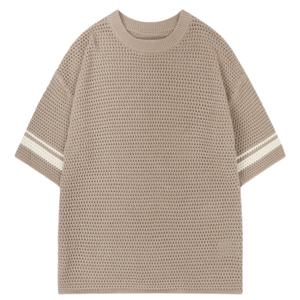 Crochet Knitted Contrast Stripe <b>T</b>-<b>Shirt</b> <b>Brown</b> Short Sleeve Textured Knit Summer Casual Breathable Crew Neck Top - Product Image 1