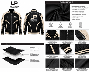 Custom Black <b>Cream</b> Varsity Bomber <b>Jacket</b> for <b>Men</b>, Premium Satin <b>Jacket</b>, Ribbed Collar, Embroidered Logo, Fashion Streetwear - Product Image 5