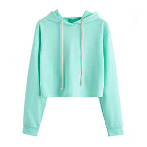 Sudadera con Capucha Corta Verde Menta para Mujer, Sudadera Informal de Manga Larga, Color Sólido, Tejida, para Otoño - Product Image 1