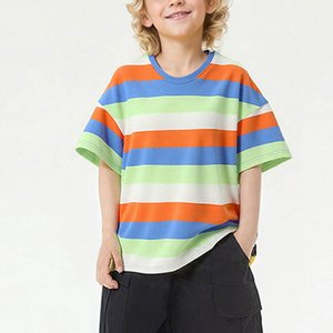 T-shirt personnalisé avec logo OEM, 100% coton, 180 GSM, pour enfants, à manches courtes rayées, col rond, t-shirts surdimensionnés, hauts pour filles et garçons, chemises d'été - Product Image 2