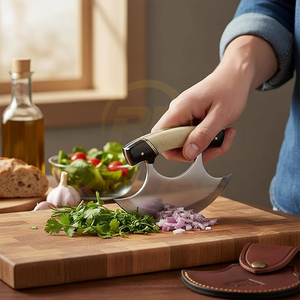 Handmade Alaskan Ulu Chef <b>Knife</b> | Damascus Steel Curved Blade with <b>Bone</b> & Horn <b>Handle</b> & Eco-Friendly Leather Sheath Ambidextrous - Product Image 3