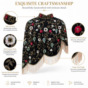 Cape en nylon ornée de fleurs brodées à la main et de perles pour femme, avec franges et pampilles, idéale pour les soirées et les fêtes - Ellora - Product Image 6