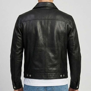 Men's Vintage Black <b>Sheepskin</b> Leather Trucker <b>Jacket</b> - Product Image 3