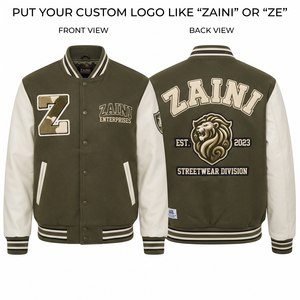 ZAINI Premium 420 GSM Wool Blend Windproof Varsity <b>Jacket</b> Olive Green for Faux <b>Leather</b> Sleeves Custom Chenille Logo Autumn - Product Image 1