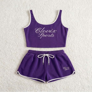 Wholesale Fashion Women Cotton 2 Piece Summer Set Custom Logo Sleeveless Crop Tank <b>Top</b> High Waist Shorts Gym Wear Cheap price - Product Image 2