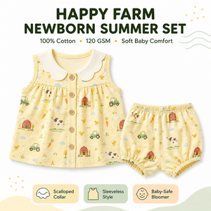 ชุดฤดูร้อนสำหรับเด็กแรกเกิด Happy Farm ผ้าฝ้าย 100% เสื้อแขนกุดและกางเกงขาสั้น คอระบายลายการ์ตูน ระบายอากาศได้ดี ปลอดภัยสำหรับเด็ก - Product Image 1