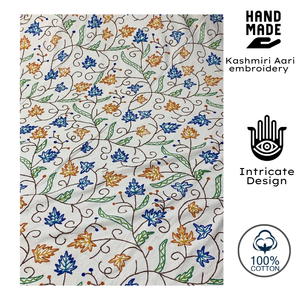 Couvre-lit traditionnel brodé en coton doux, motif floral, taille Queen, bleu, feuilles orange et vigne verte, design artisanal, pour usage domestique - Product Image 2