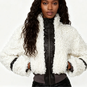 Veste décontractée d'hiver pour femme avec col rabattu, patchwork en velours et logo, design respirant - Product Image 3