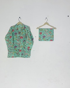 Ensembles de pyjamas en coton vintage à col rabattu boutonnés et imprimés à la main, best-sellers pour femmes, vêtements de nuit d'été - Product Image 3
