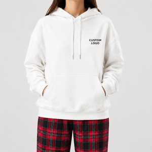 เสื้อฮู้ดดี้สีขาวแบบกำหนดเอง 300GSM ผ้าคอตตอนฟลีซหนานุ่ม ทรงโอเวอร์ไซส์ ใส่สบาย มีกระเป๋าหน้า สไตล์สตรีทแวร์ ยูนิเซ็กซ์ รับผลิตแบบ OEM ODM - Product Image 2