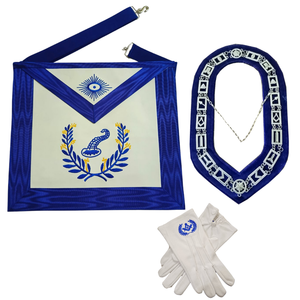 Ensemble de tablier, col et gants de franc-maçon, brodé bleu et blanc, régalia maçonnique de style classique, ensemble d'officier junior de cérémonie - Product Image 1