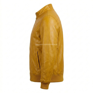Blouson en cuir jaune moutarde pour homme, sur mesure, en peau de mouton, coupe bomber, avec bordure côtelée, coupe ajustée, vêtement coupe-vent, vente en gros - Product Image 5