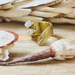 Bague Plume Pierre de Lune Très Demandée, Plaqué Or 18K, Laiton, Style Bohème, Bijoux Vintage Certifiés, Vente en Gros, Bague pour Femme - Product Image 5