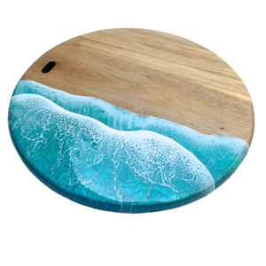 Round Wooden Cutting <b>Board</b> With Ocean Wave Resin Design Coastal Style Handmade Kitchen Decor - Product Image 1
