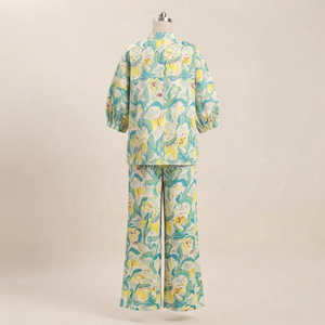 Conjunto de Pijama de Satén 100% Algodón Azul Marino para Mujer, Manga Larga, Cuello en V, Cintura Elástica, Botones al Frente, Ropa de Dormir Ecológica y Transpirable - Product Image 3