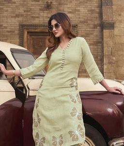 Women's Pure <b>Linen</b> Three Quarter Sleeve Long Top Woven Digital Printed Co-Ord Set with Embroidery - Product Image 3