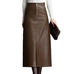 Jupes longues en cuir pour femmes, décontractées, taille haute, moulantes, mi-longues avec fente, collection automne-hiver 2026 - Product Image 1