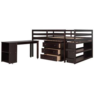 Letto a soppalco completo con armadio e scrivania portatile su ruote, colore espresso - Letto per bambini con funzioni multiple e scaffali - Product Image 6