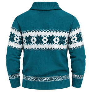 Suéter de Invierno para Hombre, Color Azul Turquesa, Diseño Fair Isle, 100% Algodón, Anti-Pilling, Manga Larga, Cuello con Botones, con Patrón Geométrico - Product Image 2