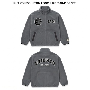 Premium 240g Thin Long Polar <b>Fleece</b> <b>Jacket</b> Warm Soft Gray Full Zip High Collar <b>Black</b> Panel Embossed Front Logo - Product Image 1