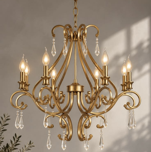 Classic brass <b>candle</b> <b>chandelier</b> styled with white ceramic accents and scalloped cups, available at wholesale prices. - Product Image 5