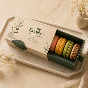 กล่องมาการอง EcoRev บรรจุภัณฑ์กล่องกระดาษแข็งพร้อมริบบิ้น  รักษ์โลก พิมพ์ฟอยล์ทอง  กระดาษอาร์ต รูปทรงสี่เหลี่ยมผืนผ้า - Product Image 3