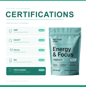 Comprimés de chewing-gum énergisant à la caféine, marque privée OEM, en vrac, vente en gros B2B, supplément alimentaire personnalisé, menthe poivrée, xylitol - Product Image 3