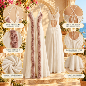 Robe maxi bohème ivoire avec bordure à franges mauve et bretelles à nouer au dos |   Robe fluide à col en V profond pour les soirées en station balnéaire et les vacances - Product Image 5