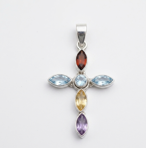 Colgante de Cruz de Plata de Ley 925 con Topacio Azul, Granate, Amatista y Citrino, Joyería Religiosa Hecha a Mano, Regalo para Mujeres y Hombres - Product Image 1