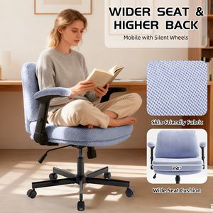 Silla de Oficina con Patas Cruzadas, Brazos Abatibles, Asiento Ancho de Tela Cómoda y Cojín Grueso, Diseño Ajustable con Ruedas - Product Image 4