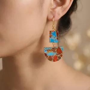 Blue & orange mohave copper turquoise <b>earring</b> gold electroplating <b>hook</b> dangle large size handmade half d shape wholesale Jewelry - Product Image 3