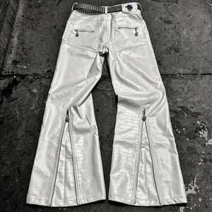 <b>Men's</b> High Waisted Silver <b>Flare</b> Pants With Crocodile Texture And Belt Street Style Spring Wear - Product Image 6