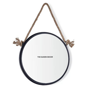 Miroir mural décoratif pour la maison, en fer forgé rond, finition noire, avec poignée en corde. - Product Image 1