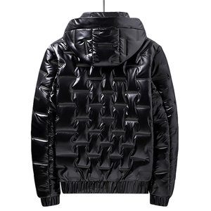 Blouson matelassé brillant personnalisé pour homme, gris et noir, à capuche, zippé, chaud pour l'hiver, rembourré, coupe-vent, pour l'extérieur, commande en gros - Product Image 5