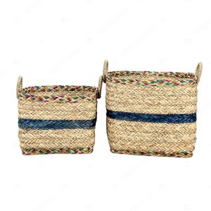 BANDED STRIPE <b>Large</b> Wicker Laundry <b>Basket</b> Seagrass Herringbone <b>Basket</b> Laundry Bin With Seagrass/PU Handles Clothes Organizer - Product Image 2