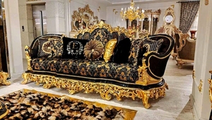 Juego de Sofás de Madera de Teca Sólida Royal, Lujoso Sofá de 7 Plazas Negro y Dorado con Tallados Italianos Barrocos, Mesa de Centro para Sala de Estar - Product Image 2