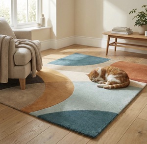 Abstract Geometric Wool Area <b>Rug</b> Modern Curved Design Carpet Latex Backing Mid Century Style Color Block <b>Rug</b> for Living Room - Product Image 5