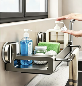 Suction Cup Kitchen Storage Rack Sink Drain Organizer No Drill <b>Wall</b> <b>Mounted</b> Spice <b>Shelf</b> Bathroom Storage Holder Space Saving - Product Image 2