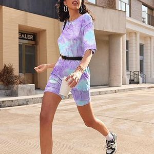 Women <b>Tie</b> Dye Two Piece Set Short Sleeve O <b>Neck</b> Loose Fit Casual Summer Outfit Above Knee Shorts Knitted Cotton Breathable - Product Image 5