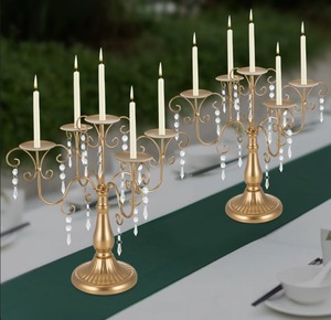 Elegant Gold 5 Arm Candelabra With <b>Crystal</b> Drips For Wedding Table Decoration At <b>Cheap</b> Price - Product Image 1