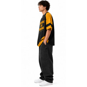 <b>Men's</b> Black Yellow Raglan Sleeve T-<b>Shirt</b> Oversized Casual O-Neck Printed Letter Design Contrast Trim Knitted Embossed T-<b>Shirt</b> - Product Image 5