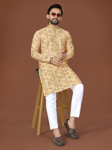 <b>Men's</b> Digital Printed Cotton <b>Kurta</b> White Chinos Regular Fit Traditional Ethnic Wear for Casual/Party Occasions India Quick Dry - Product Image 6