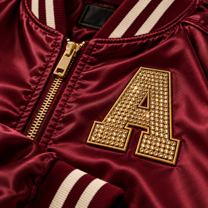 <b>Men's</b> Burgundy Varsity <b>Jacket</b> With Gold <b>Sequin</b> Letter A Front Zipper Preppy Style Regular Fit Turn-down Collar - Product Image 2
