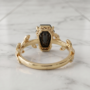 Bague de fiançailles en diamant noir naturel taille cercueil en or massif 14 carats avec bande feuille de branche inspirée de la nature, style gothique, 1,20 CT - Product Image 4