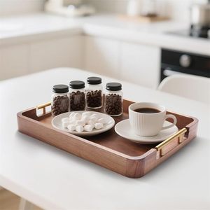 Wooden Rectangle <b>Storage</b> <b>Tray</b> With Gold Handles Minimalist Design For Table Use Easy To Clean Varnished Finish Single Tier - Product Image 6
