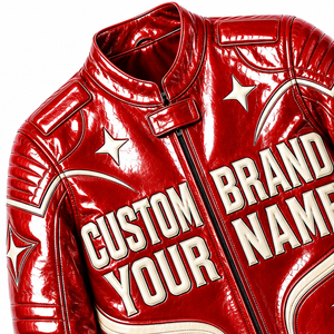 Custom <b>Red</b> Color Leather <b>Jacket</b> With Custom Brand Patch And Ribbed Stripe Trim Cuffs For Unisex Comfort Wear - Product Image 4