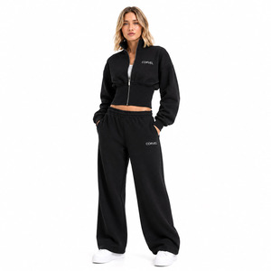 Ensemble de survêtement athleisure pour femme, veste courte zippée noire à ourlet côtelé et pantalon de jogging, en molleton de coton personnalisé, automne-hiver, faible MOQ - Product Image 1
