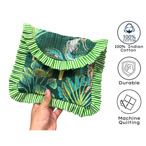 Pochette cosmétique matelassée à rayures vertes avec bordure à volants, imprimé animal tropical, style bohème, pochette portable, fermeture magnétique - Product Image 2