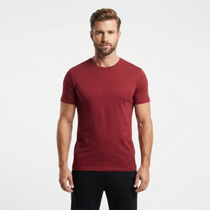 T-shirt en coton rouge slim fit pour homme, col rond, manches courtes, jersey décontracté, respirant, couleur unie, tricoté, teint uni - Product Image 1